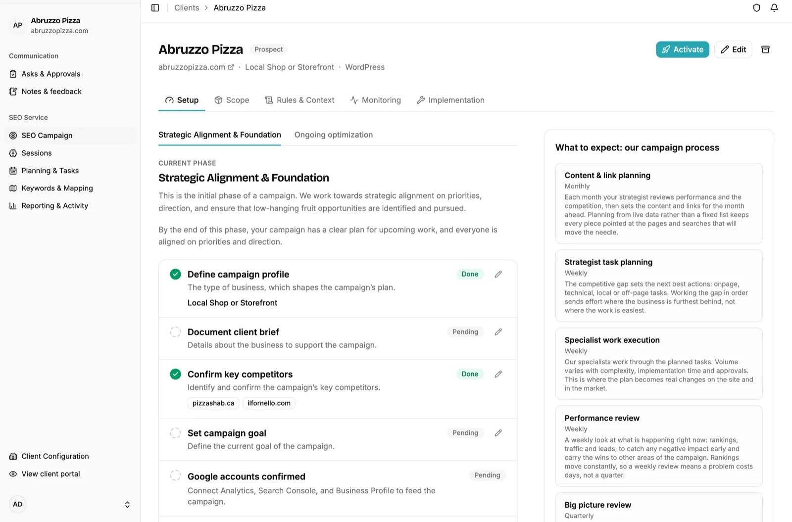 A campaign's setup phase in the partner portal: the current phase checklist alongside what to expect from the campaign process, from monthly planning to daily monitoring