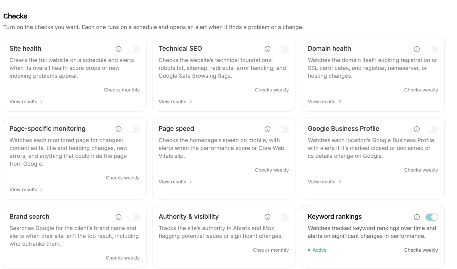 The monitoring checks a partner can switch on for a client: site health, technical SEO, domain health, page changes, page speed, Business Profile, brand search, authority, and keyword rankings