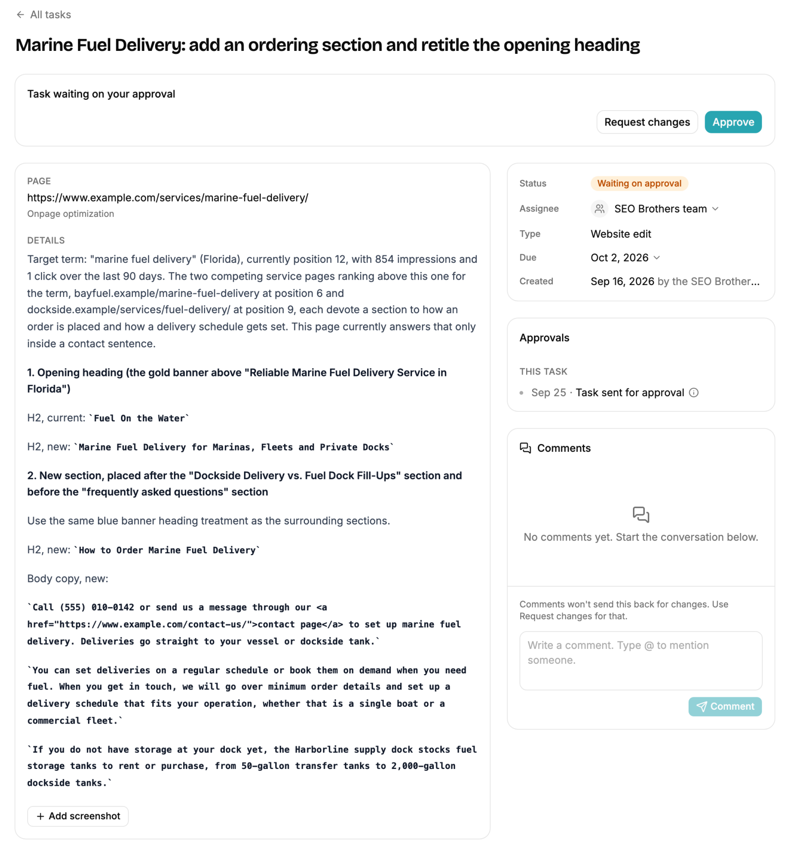 Example of an agent-filed website edit task waiting on partner approval: the target term with its current position, impressions and clicks, the two competing pages that outrank it, then the exact current and new H2 headings and the new section copy, with Request changes and Approve buttons at the top.