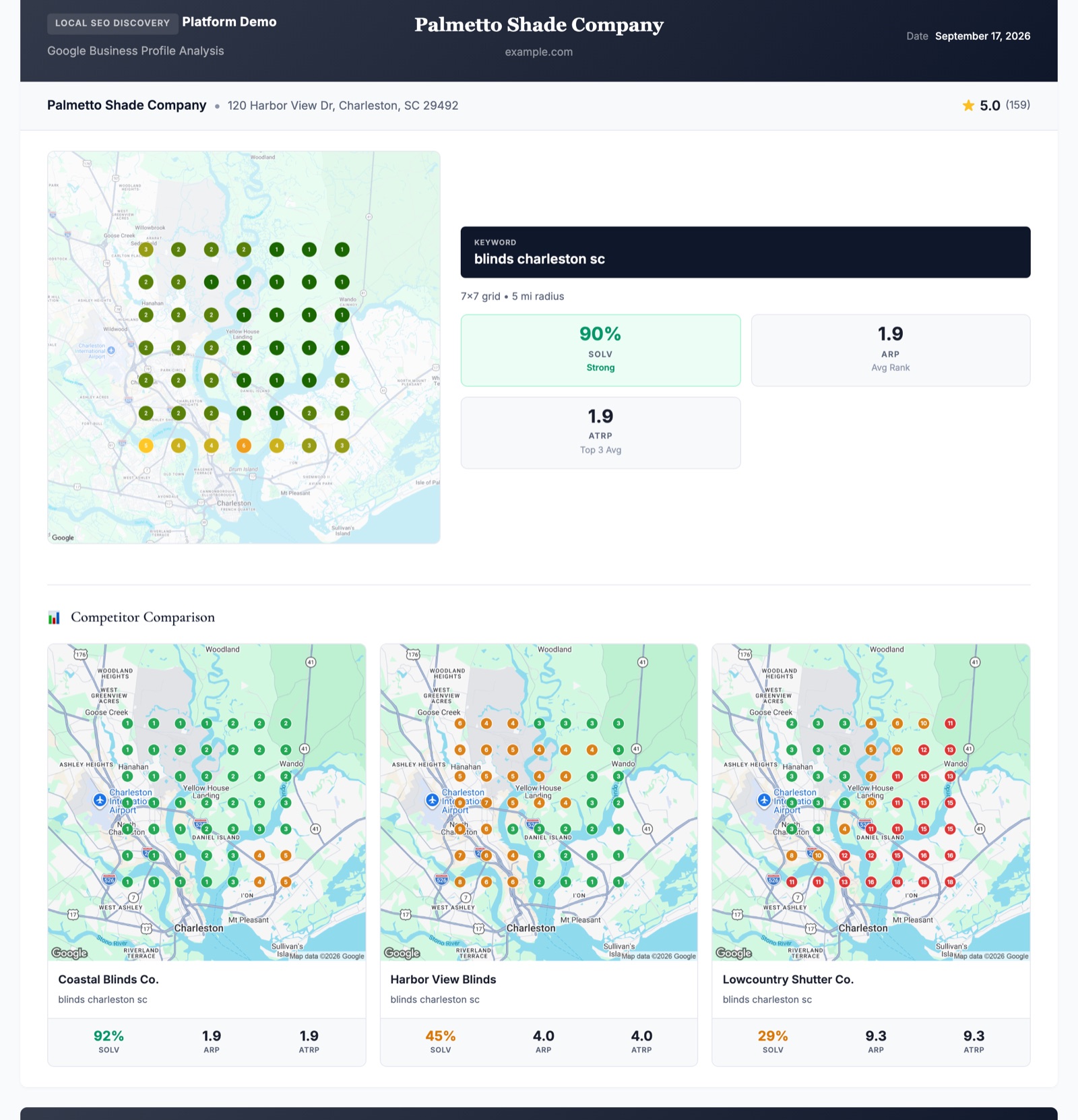 Example local SEO section: a 7 by 7 map grid of ranking positions around the business for one keyword, share of local voice and average rank figures, then the same grid and figures for three competitors.