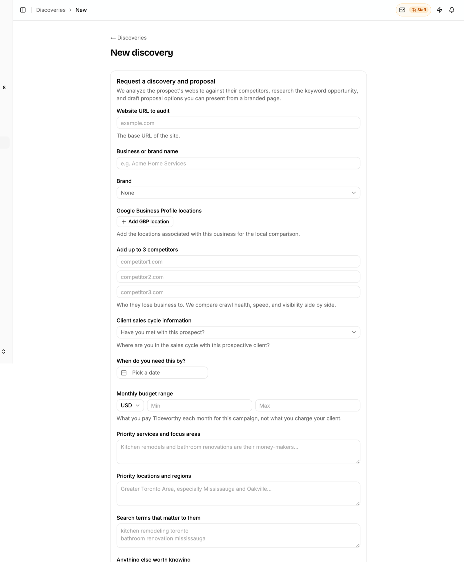 Example audit request form: fields for the website URL, business name, brand, Google Business Profile locations, up to three competitors, sales cycle stage, need-by date, monthly budget range, priority services, priority locations and search terms.