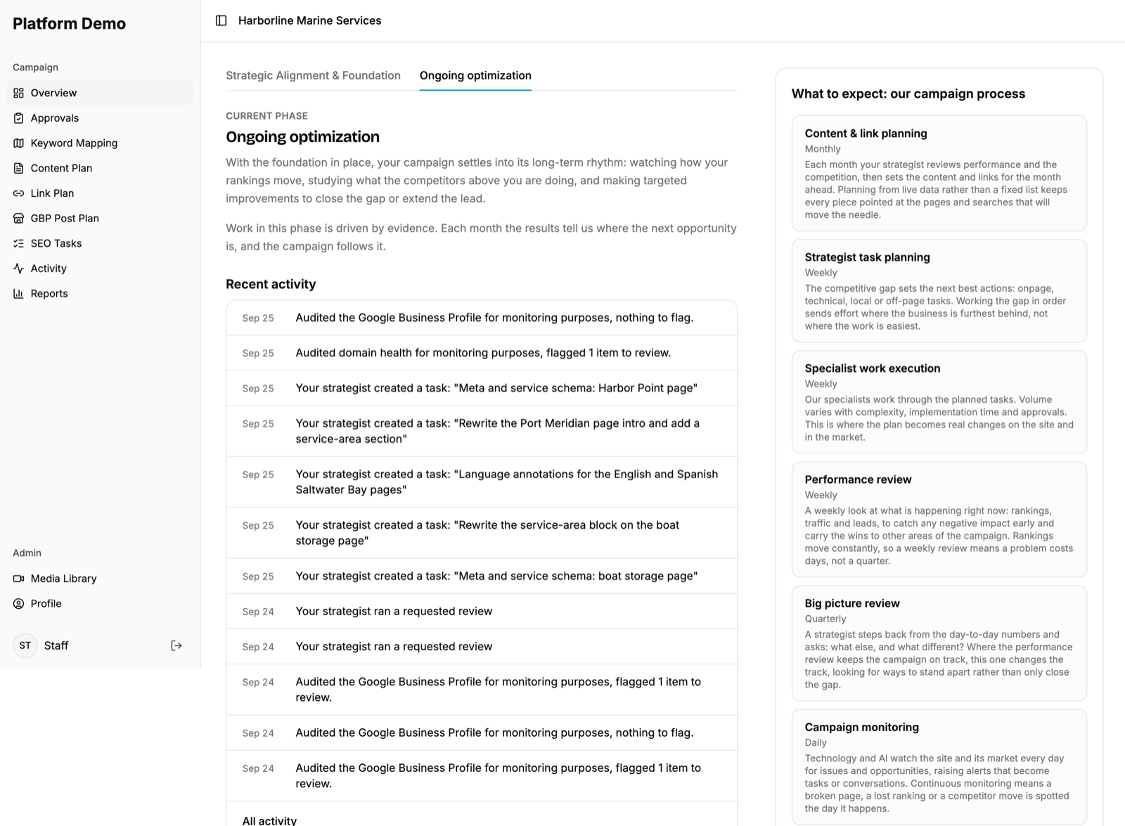 Example branded client portal overview page showing the current campaign phase with a description, a recent activity list of dated entries such as audits run and keyword research started, and a What to expect panel describing monthly planning, weekly task planning, weekly execution, weekly performance review, quarterly big picture review and daily monitoring.