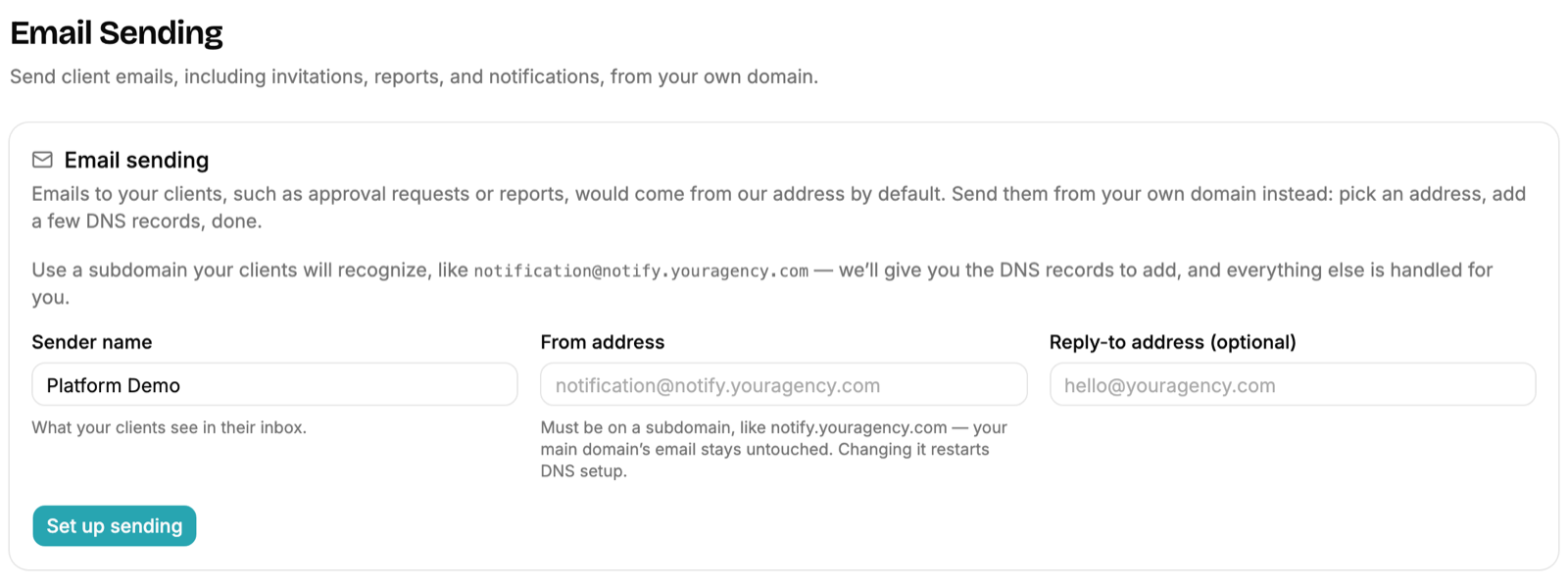 Example email sending settings: fields for sender name, from address on a subdomain, and an optional reply-to address, with a Set up sending button.