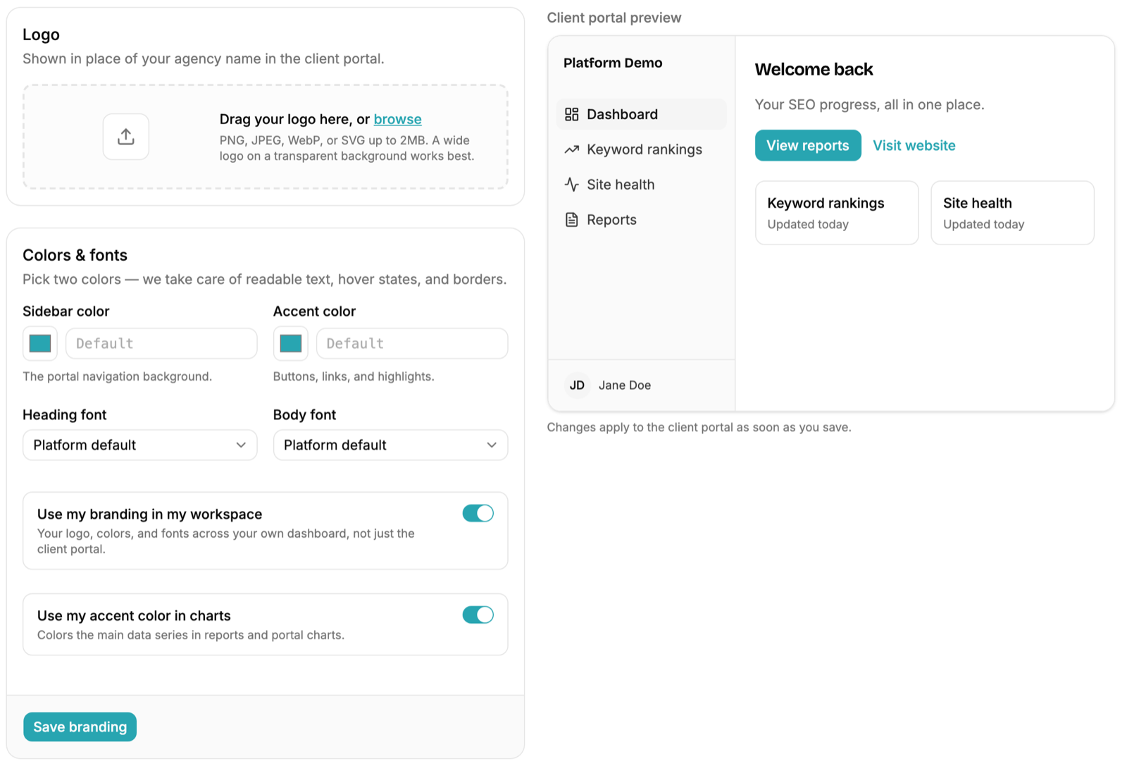Example client portal branding settings: a logo upload area, sidebar and accent color pickers, heading and body font selectors, toggles for using the agency branding in the workspace and accent color in charts, and a live preview of the branded client portal.