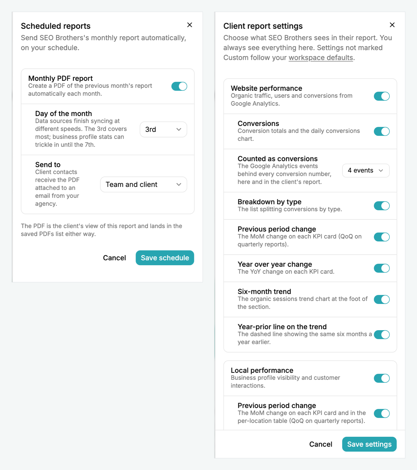 Example per-client panels: Scheduled reports with a monthly PDF toggle, day-of-month selector and a send-to option for team only or team and client; and Client report settings with per-section toggles and a picker for which Google Analytics events count as conversions.