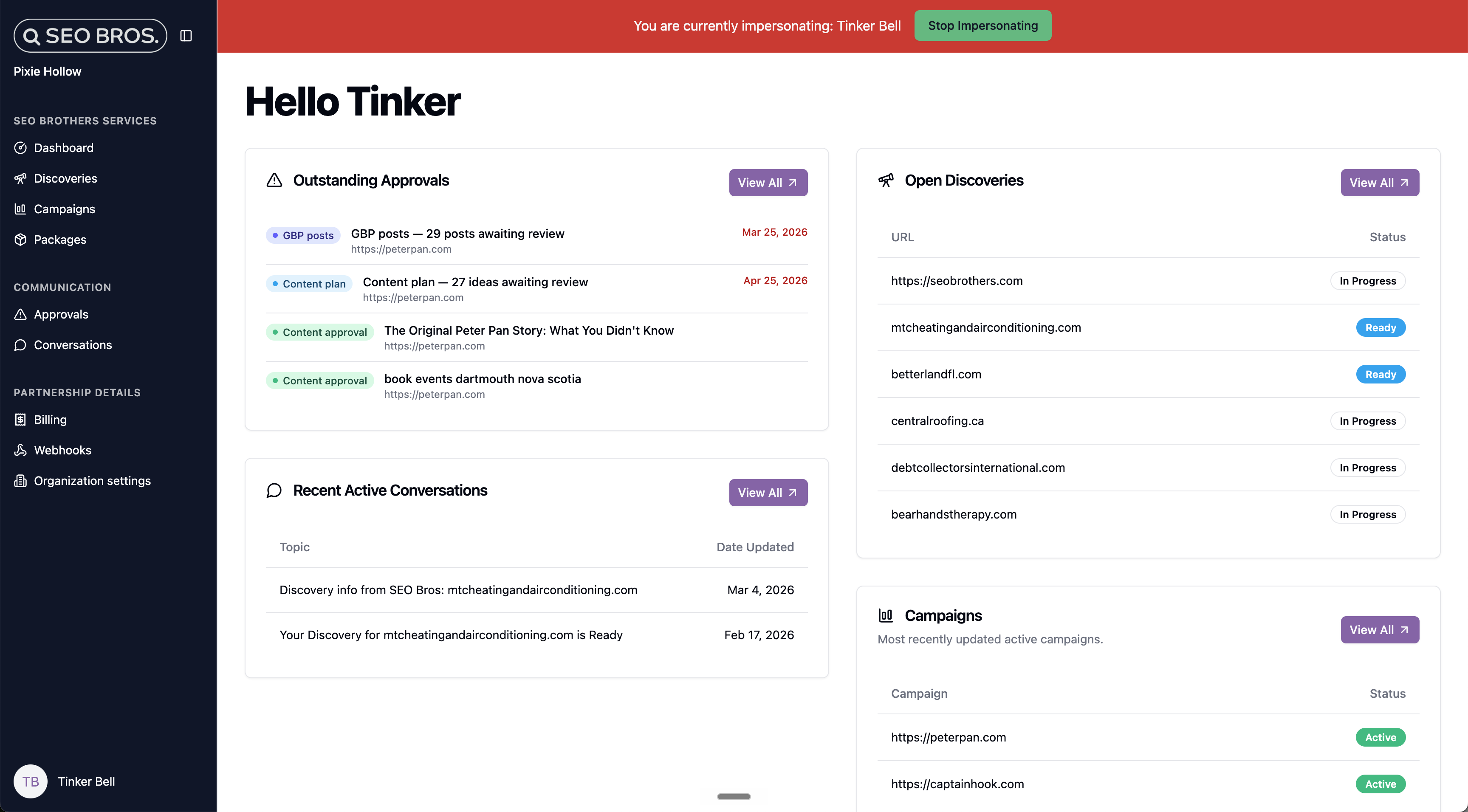 SEO Brothers Partner Portal dashboard showing campaign management, performance metrics, and quick actions