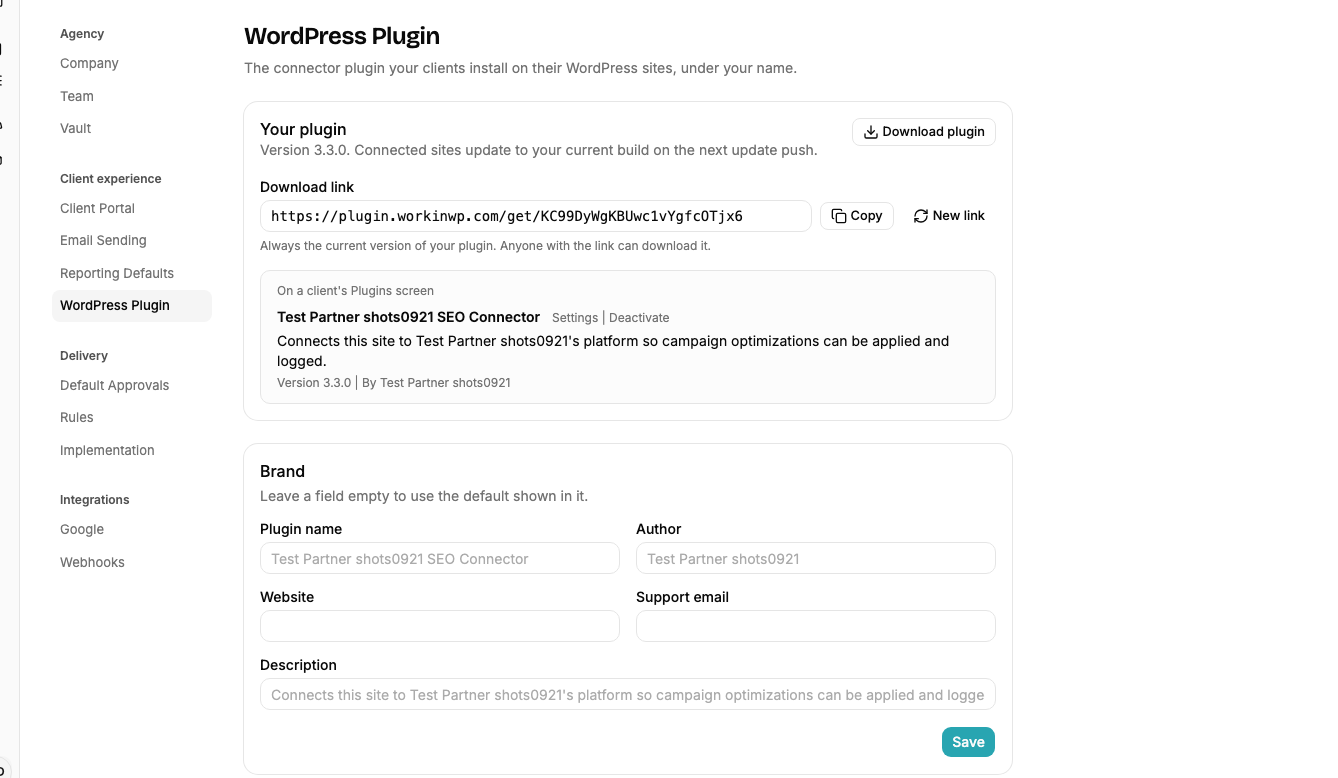 The WordPress Plugin settings tab: download your build, and a preview of how it reads on a site's Plugins screen