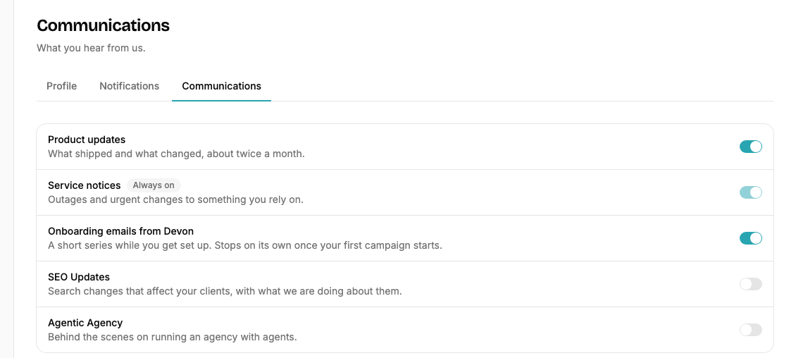 The Communications settings tab listing product updates, service notices, onboarding emails and newsletters, each with a switch