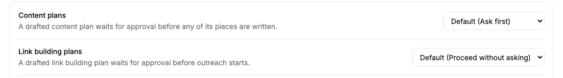 Two approval rows, Content plans and Link building plans, reading Ask first and Proceed without asking