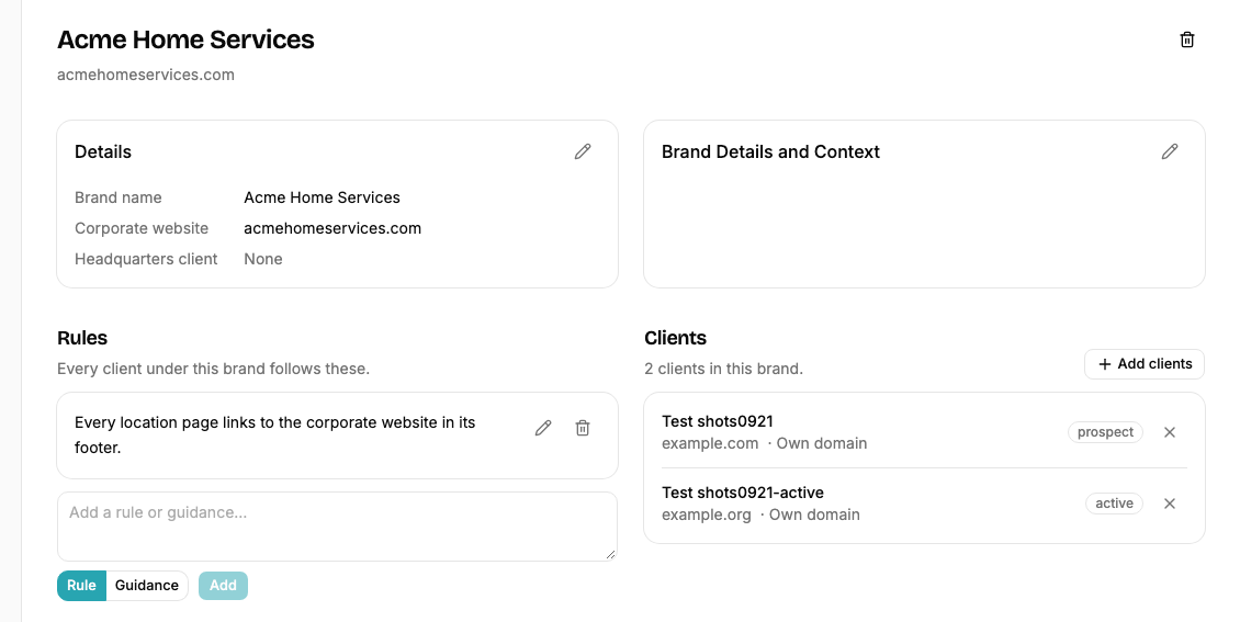 A brand page: details, brand context, the rules every member campaign follows, and its clients