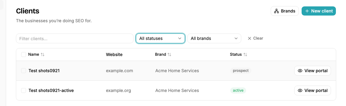 The Clients list with a Brand column, a brand filter and a Brands button