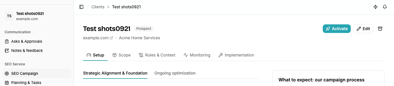 The client workspace sidebar grouped into Communication and SEO Service, with the SEO Campaign tab strip above