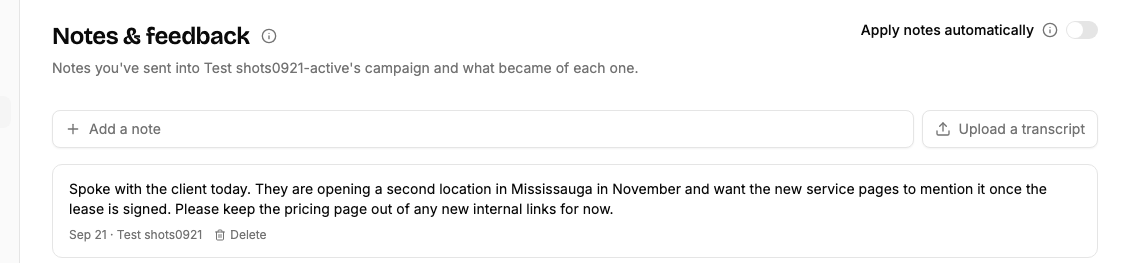 The Notes & feedback page with a switch to apply notes automatically, a note field and an Upload a transcript button