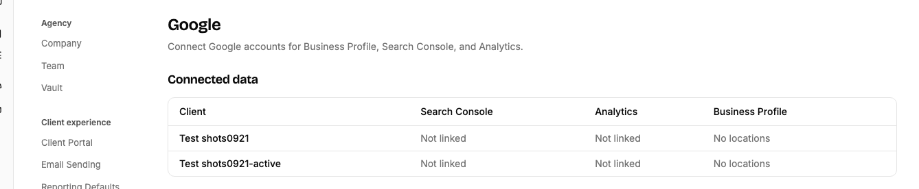The Integrations page opening with a Connected data table, one row per client with Search Console, Analytics and Business Profile columns