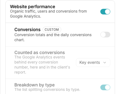 The report settings sheet with the Counted as conversions picker under the Conversions row