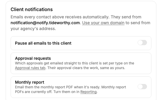 The Client notifications card on a client's Client Portal tab with a Pause all emails to this client switch