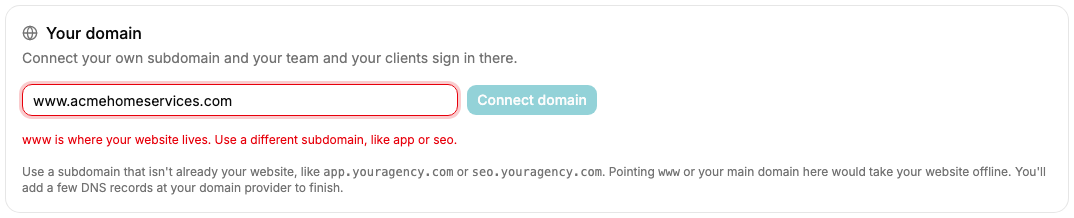 The portal domain field with www typed in, outlined in red, and the message explaining why www is refused